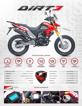 Motocicleta doble propósito Carbela Dirt3 250cc rojo 2026
